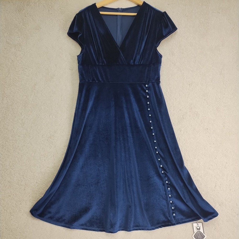 Retro Stage Dress Womens XL Navy Velvet V-Neck Fit Flare Cap Sleeve Side Buttons